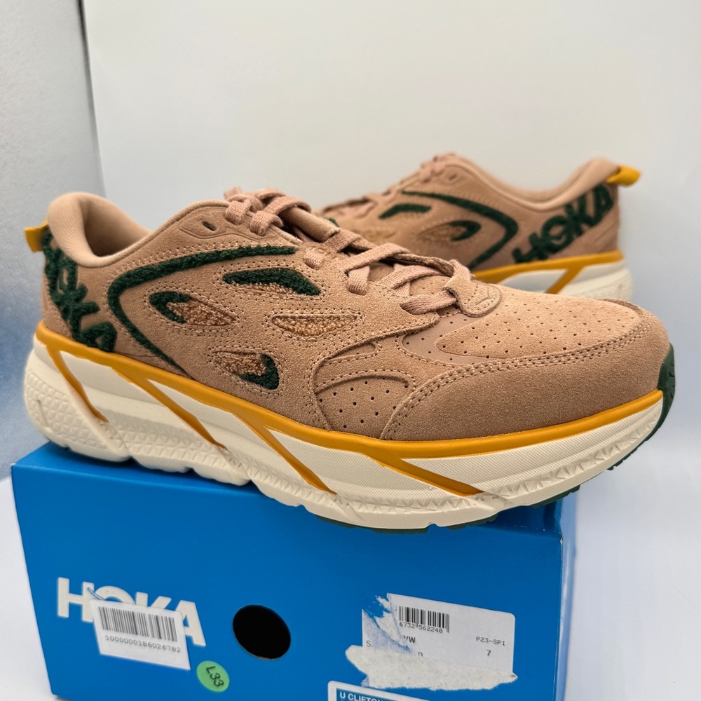 NWT Hoka Clifton L Embroidery UNISEX Shoes Leather Brown Sirrocco Mountain View - Picture 10 of 16